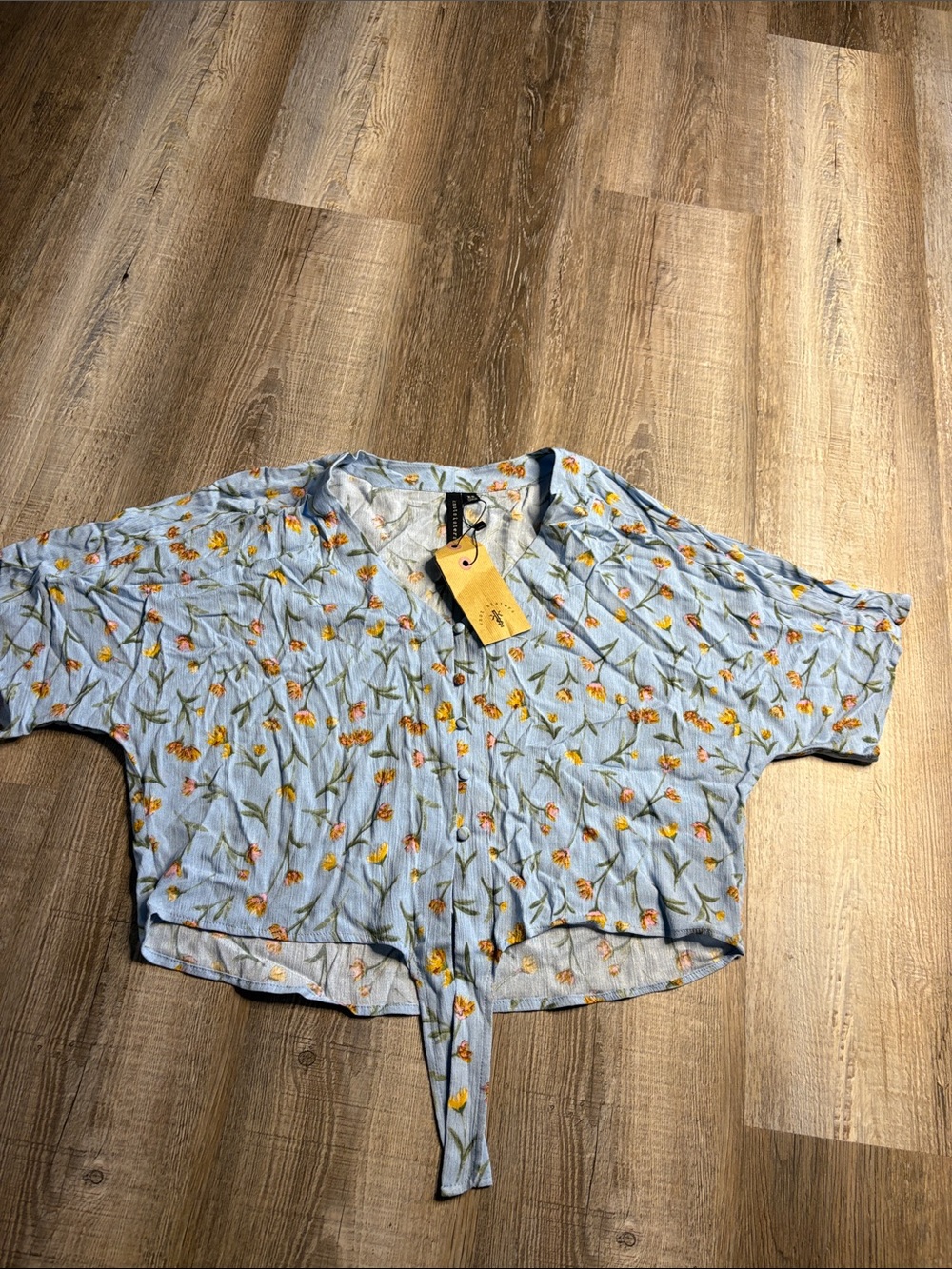 knot sisters Light Blue Floral Button-Up Top with Yellow & Orange Blooms